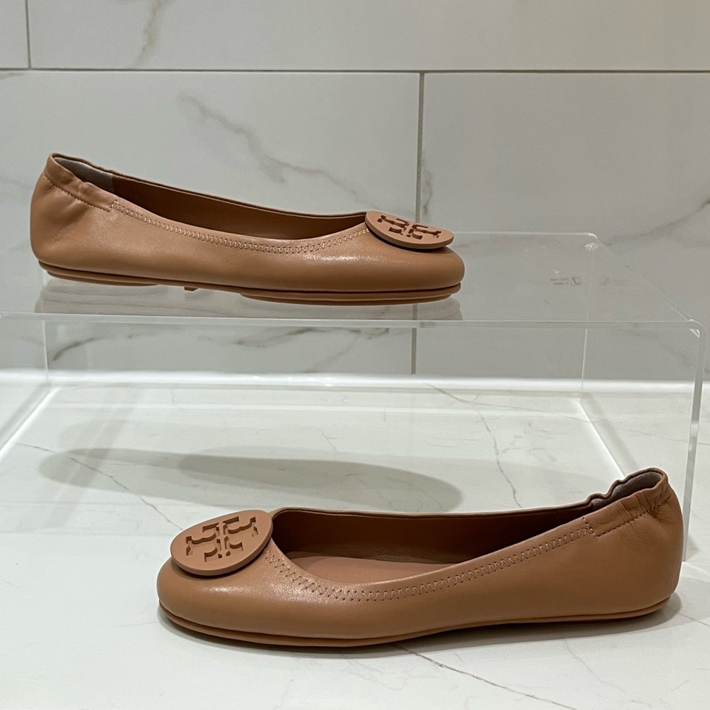 Tory Burch Minnie Travel Ballet Logo Soft Nappa Leather 6.5 Light Oak Leather